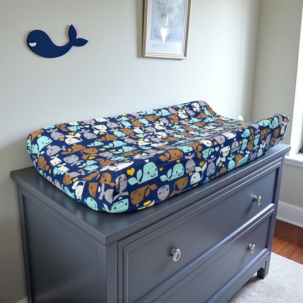 Handmade Blue & Tan Whale Baby Changing Pad Cover